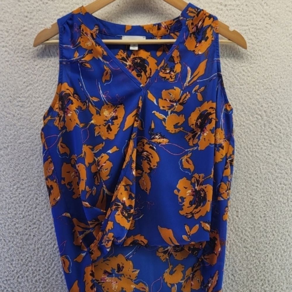 Floral Sleeveless Top Blue Orange Small Blouse Womens Hi Low Shirt ALLISON JOY - Picture 9 of 12